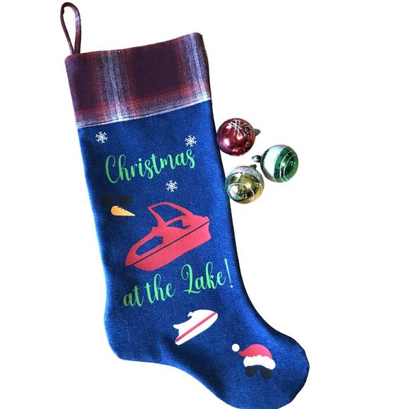 Denim Christmas Stocking: Lake House Christmas Decor, Boating Fishing Applique - Picture 1 of 10